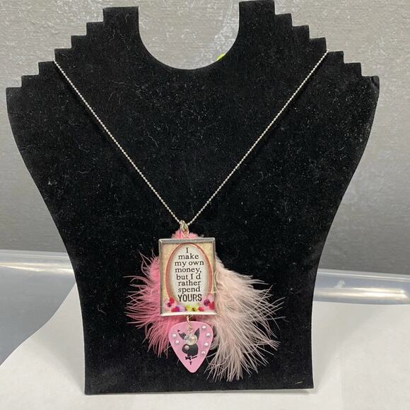 Handmade Statement Pendant Necklace – Pink Feathers, Rhinestones, Quote “I Make - Picture 3 of 7